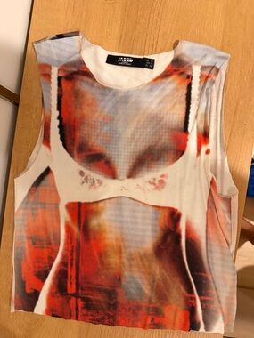 Jaded London Red and White Graphic Mesh Tank Top